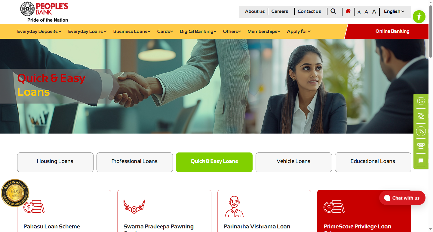 People's Bank Sri Lanka personal loan products page showing Pahasu, PrimeScore, Gurusetha, and pension loan schemes