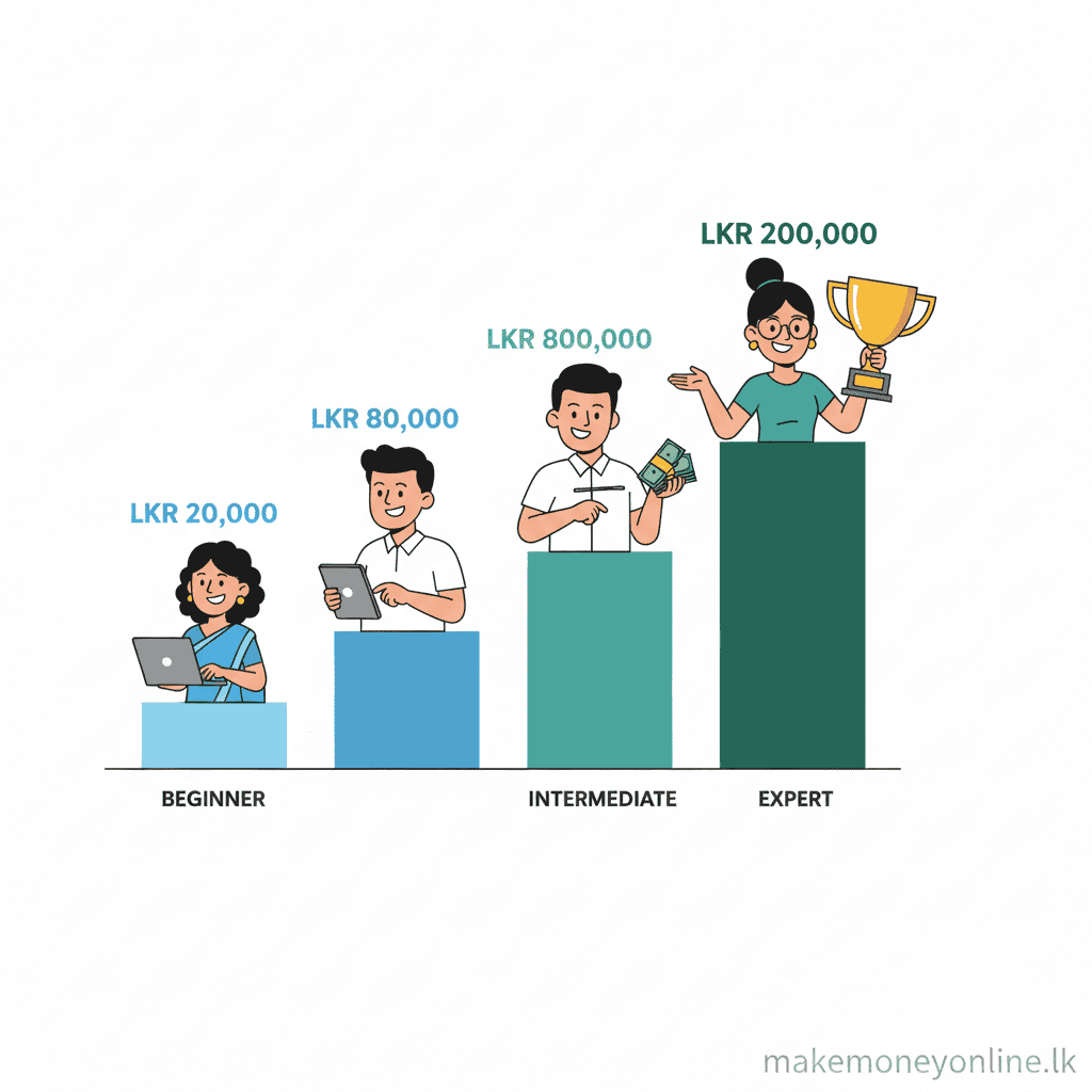 Freelance Writing in Sri Lanka: Earn LKR 80,000+ Monthly (2026 Guide) Freelance writing income growth chart showing LKR earnings from beginner to expert level for Sri Lankan writers