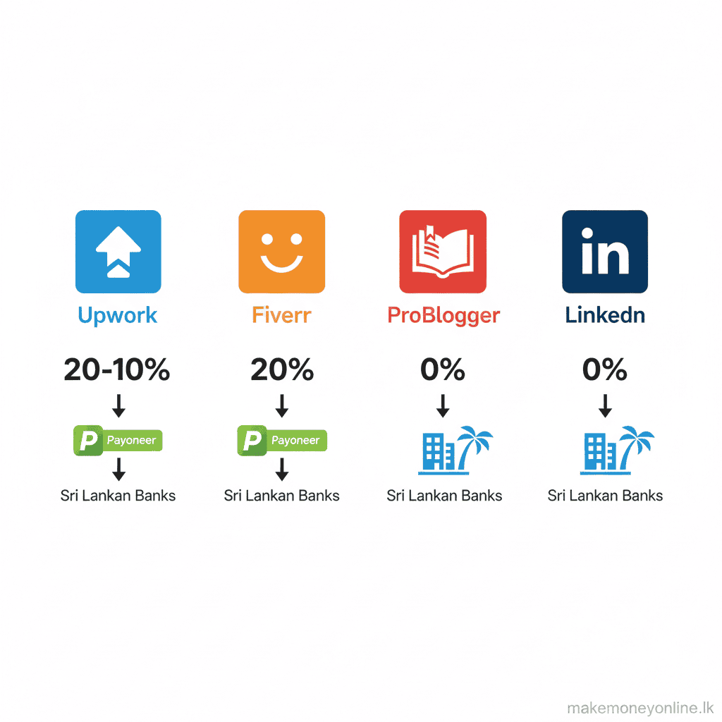 Freelance Writing in Sri Lanka: Earn LKR 80,000+ Monthly (2026 Guide) Freelance writing platforms for Sri Lanka including Upwork, Fiverr, ProBlogger, and LinkedIn with commission rates and payment methods