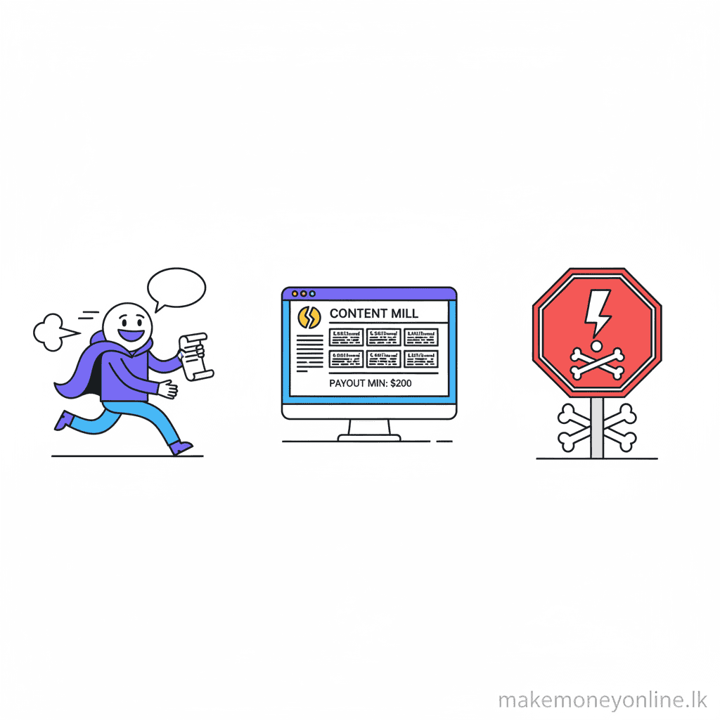 Freelance Writing in Sri Lanka: Earn LKR 80,000+ Monthly (2026 Guide) Freelance writing scam warning signs including fake writing agencies, content mills, and clients who disappear after receiving work