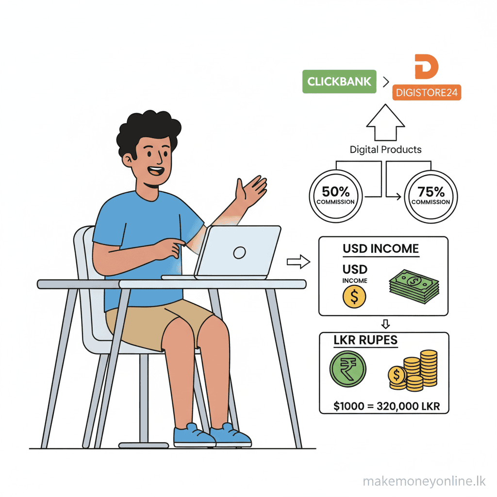 Promoting Digital Products in Sri Lanka: Earn LKR 60,000+ Monthly (2026 Guide) Promoting digital products as affiliate marketing from Sri Lanka showing commissions, platforms like ClickBank, and LKR income